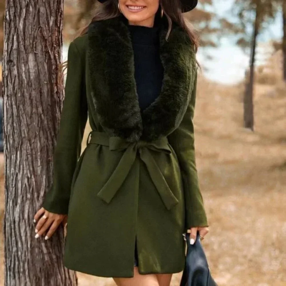 Faux fur collar Belted Overcoat Jacket Coat - Picture 6 of 6